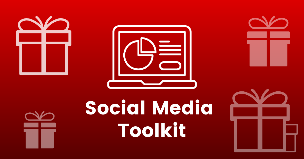 Image with red background and icon of computer in the middle. Text reads: "Social Media Toolkit"