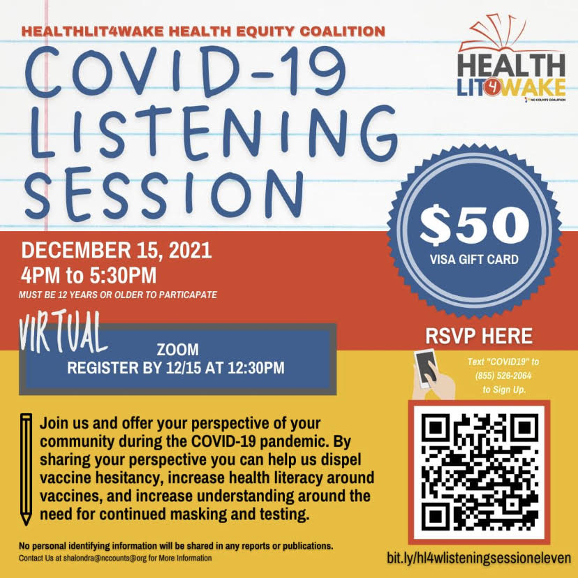  flyer from NC Counts’ public listening session that gave a platform to community members to express their concerns and ask any questions regarding the pandemic and the COVID-19 vaccines.