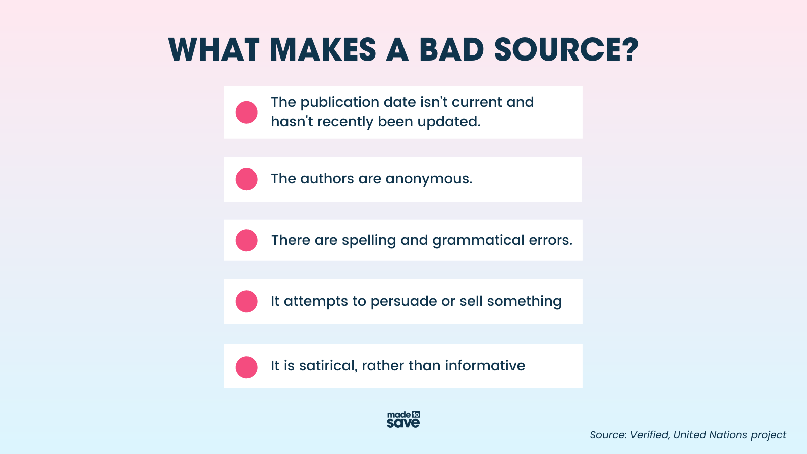 Graphic with pink and blue background. The heading reads in dark blue text, "What Makes A Bad Source?" Below is a checklist, that says, "The publication date isn't current and hasn't recently been updated; the authors are anonymous; there are spelling and grammatical errors; it attempts to persuade or sell something; It is satirical, rather than informative." The source, Verified, a United nations project is listed in the bottom right corner. The Made to Save logo is centered at the bottom.