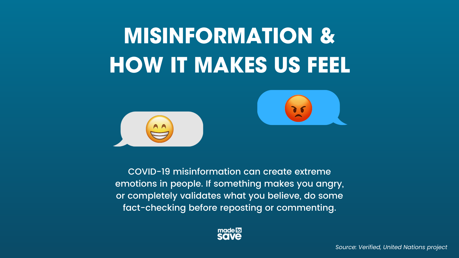 Graphic with blue background. Two text messages are centered -- one with a happy emoji, and one with a mad emoji. In white text, the graphic reads: "Misinformation and How it Makes us Feel: COVID-19 misinformation can create extreme emotions in people. If something makes you angry, or completely validates what you believe, do some fact-checking before reposting or commenting." The source for this information is Verified, a United Nations project. The Made to Save logo is centered at the bottom of the graphic.